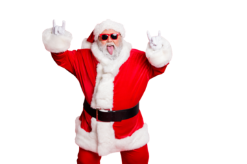 Portrait of his he cheerful cheery confident crazy naughty fat overweight plump gray-haired bearded man showing horn sign rock roll heavy metal isolated over bright vivid shine red background