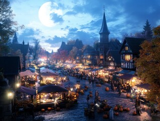 Obraz premium A bustling Halloween market in a medieval town square stalls lined with eerie trinkets