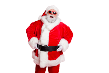 Portrait of his he nice attractive cheerful cheery positive bearded Santa having fun enjoying leisure dream vacation present gift isolated over bright vivid shine red background