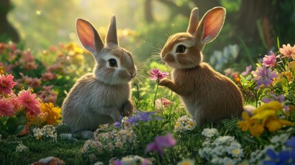 Obraz premium a picture of a pair of rabbits playing in a flower garden that looks so beautiful