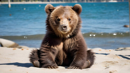 Fototapeta premium Adorable baby brown bear on the beach under the sunshine, cute baby black bear playing on the beach, ai generated