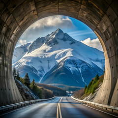 view mountain covered with snow seen from tunnel