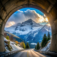 view mountain covered with snow seen from tunnel