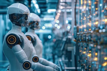 Fototapeta premium Futuristic robots work in factory with machines, showing ai and engineering in modern industry. Blue cyborgs represent innovative manufacturing future in digitalized plant