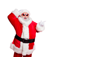 Portrait of his he nice attractive cheerful cheery glad stunned bearded Santa showing ad advert copy space present gift surprise isolated over bright vivid shine red background
