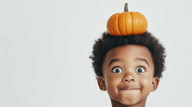 portrait of a scared  child with a pumpkin on his head