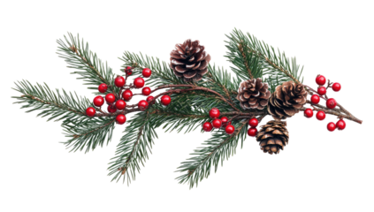 Christmas Tree Branch with Red Berries and Pine Cones on White Background