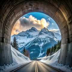 view mountain covered with snow seen from tunnel