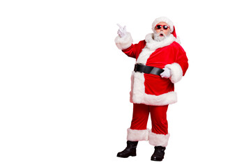 Full length body size view of his he amazed funky fat overweight plump gray-haired bearded man showing black Friday ad advert copy space isolated over bright vivid shine red background