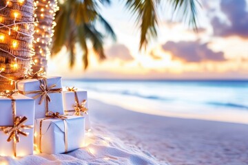 Tropical beach wrapped in twinkling lights with palm trees at sunset, with festive wrapped gifts under the illuminated trees.