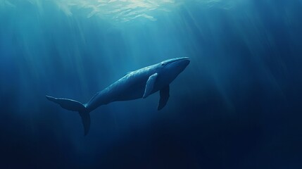 Obraz premium A blue whale venturing into the abyss of the blue ocean