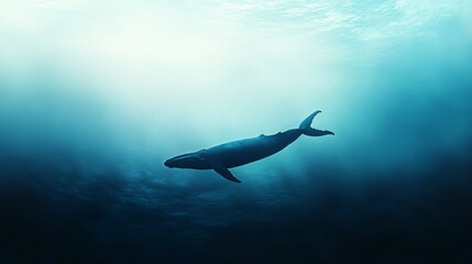 A blue whale venturing into the abyss of the blue ocean