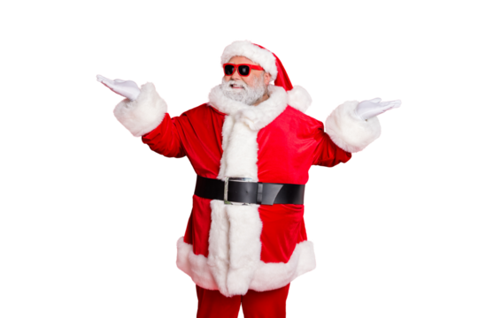 Portrait of his he cheerful cheery confident funky fat overweight plump gray-haired bearded man holding ad advert balance copy space isolated over bright vivid shine red background