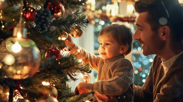 Father and baby decorate the Christmas tree