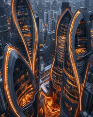 Modern skyscrapers illuminated at night in a bustling city skyline showcasing architectural innovation and urban life