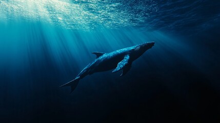 Obraz premium A blue whale venturing into the abyss of the blue ocean