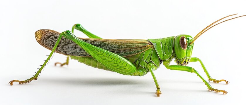Side view of green grasshopper showing wings and detailed texture on white backdrop