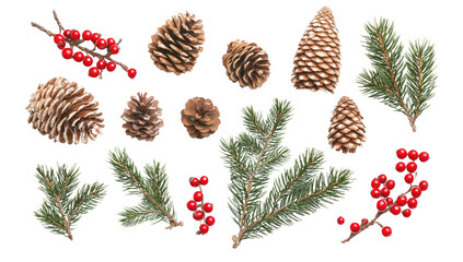 Flat Lay Christmas Composition of Pine Tree Branches, Red Berries, and Pine Cones on White Background