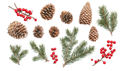 Flat Lay Christmas Composition of Pine Tree Branches, Red Berries, and Pine Cones on White Background