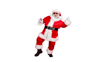  Forever young! Full length photo of excited santa in hat using cell phone device raising fists screaming yes have party wearing belt eyeglasses eyewear isolated over red background