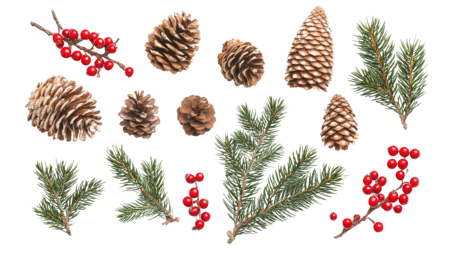 Flat Lay Christmas Composition of Pine Tree Branches, Red Berries, and Pine Cones on White Background
