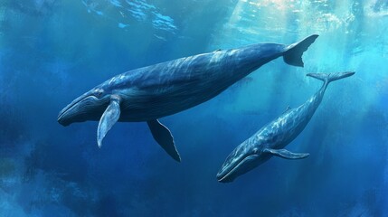 Fototapeta premium A pair of blue whales ventures into the abyss of the blue ocean