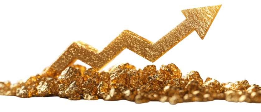 Golden upward arrow symbolizing growth, success, and investment isolate on transparent background, cutout, png