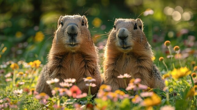 Siblings of Groundhog Marmota Monax in a Green Summer Meadow, Ontario, Canada