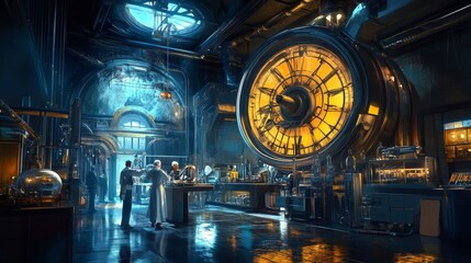 A time machine in a high-tech lab, with scientists preparing for a journey to the past.