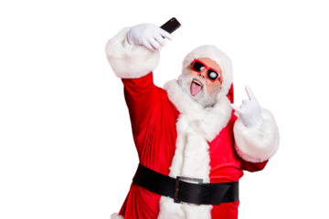 Close-up portrait of his he cheerful cheery glad crazy cool funky fat overweight plump gray-haired bearded man taking selfie showing horn sign isolated over bright vivid shine red background