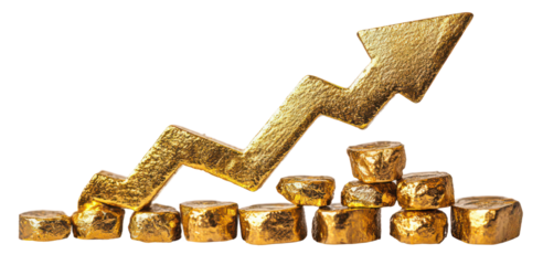 Golden upward arrow symbolizing growth isolate on transparent background, cutout, png
