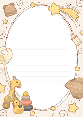 Fototapeta premium Baby poster with adorable baby toys and things, newborn baby metrics, height, weight, date of birth. Illustration for children s bedroom, cards, wall decorations