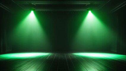 green spotlights shine on stage floor in dark room, idea for background