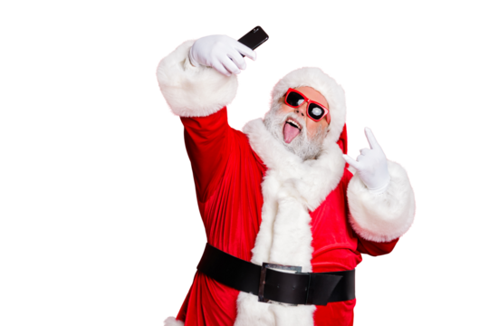 Close-up portrait of his he cheerful cheery glad crazy cool funky fat overweight plump gray-haired bearded man taking selfie showing horn sign isolated over bright vivid shine red background