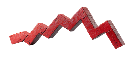 Red zigzag graph symbolizing downward market trends and financial growth isolate on transparent background, cutout, png