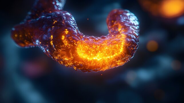 9. "3D render of the human pancreas with detailed focus on the pancreatic duct
