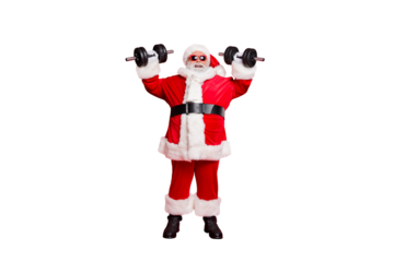 Full length body size view of his he nice attractive cheerful cheery glad strong bearded Santa working out barbell isolated over bright vivid shine red background