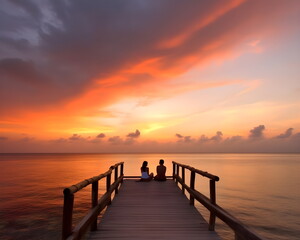 Fototapeta premium Romantischer Sonnenuntergang am Meer mit Paar auf einem Holzsteg - Ai-Ki generiert