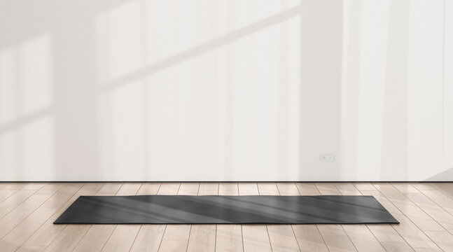 Blank black yoga mat in sport area with shadow mockup