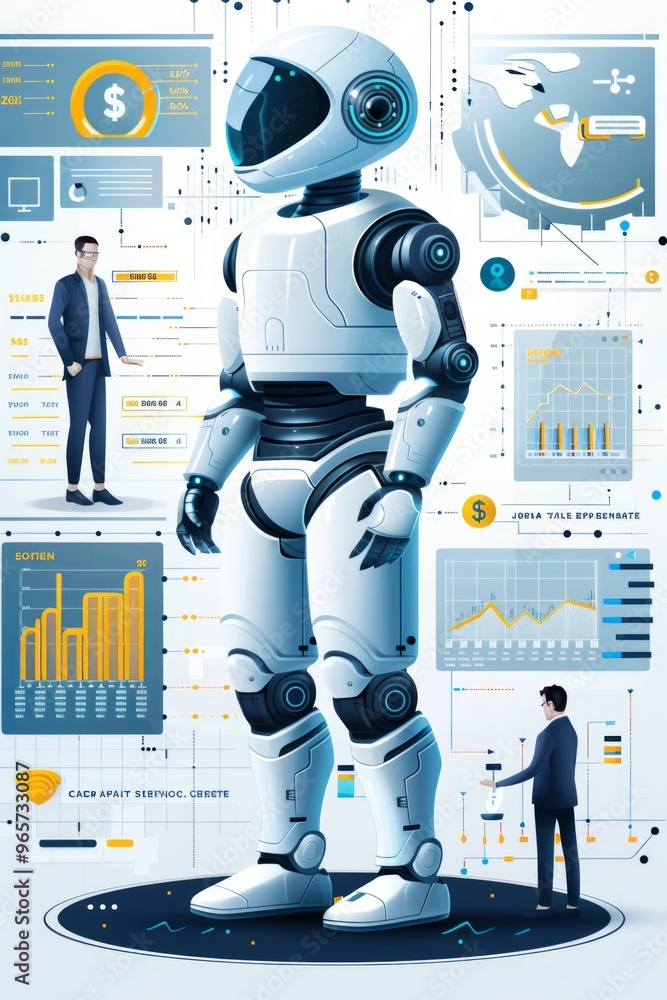 Aufkleber a futuristic robot stands in a modern office filled with data analytics, as two professionals discus