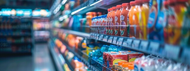 Supermarket shelves filled with bottled beverages