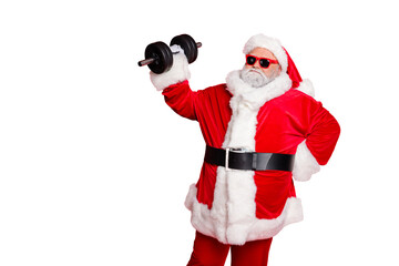 Naklejka premium Portrait of his he nice attractive fat overweighed bearded Santa working out barbell physical exercise workout calories diet regime isolated over bright vivid shine red background