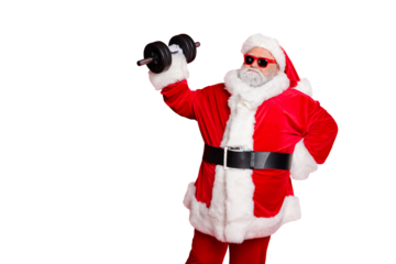 Portrait of his he nice attractive fat overweighed bearded Santa working out barbell physical exercise workout calories diet regime isolated over bright vivid shine red background