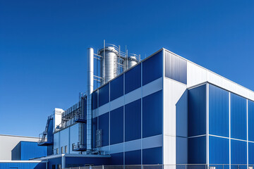 Futuristic industrial building of a modern zinc refinery with a blue sky in the background