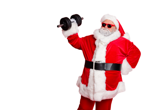 Portrait of his he nice attractive fat overweighed bearded Santa working out barbell physical exercise workout calories diet regime isolated over bright vivid shine red background