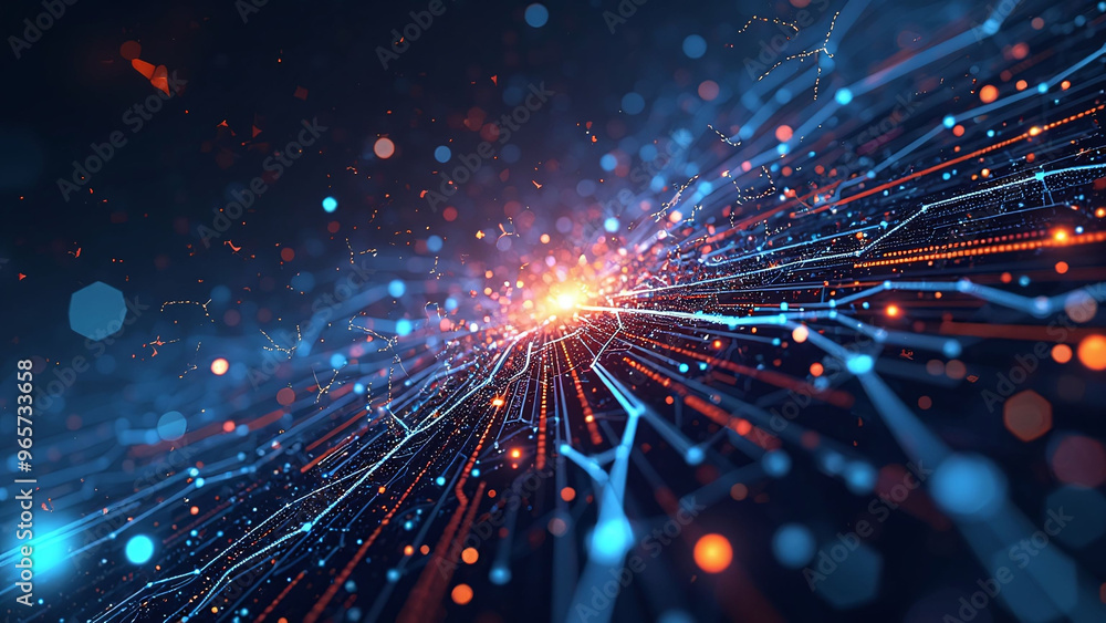 Poster explosive digital network: radiant data streams in blue and orange on dark background