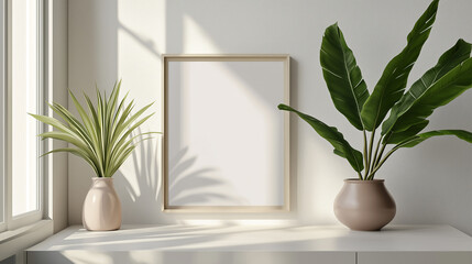 Artistic Frame Mockup in Modern Home Office with Vase and Leafy Decor