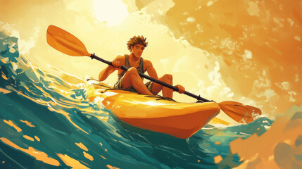 Painting of a person kayaking in tropical sea