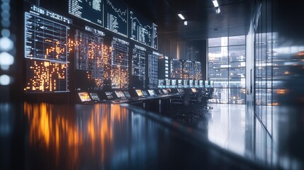 Network operations center displaying real-time data on multiple monitors