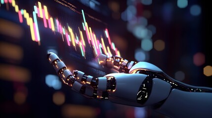 A close-up of a robotic hand holding a glowing holographic stock chart, symbolizing precise AI-driven financial analysis with a dark futuristic backdrop 